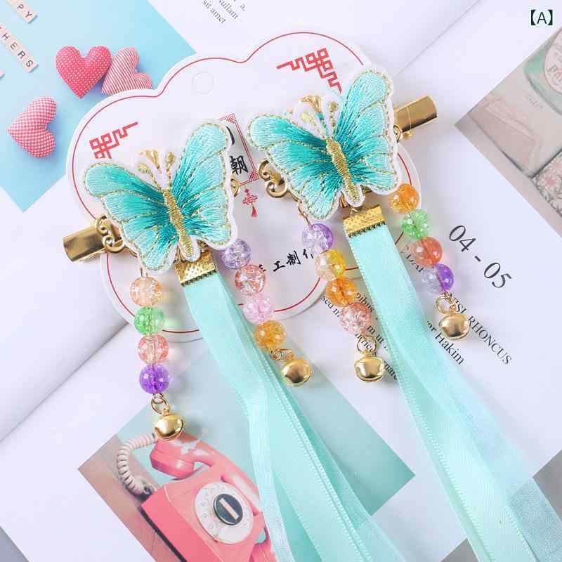 ヘアクリップ キッズ 女の子 髪飾り 春夏 蝶々 バタフライ チュール ロングリボン 揺れる 中華風 レトロ 漢服 和装 着物 浴衣 七五三 発表会 卒園式 かわいい ハンドメイド ピンク スカイブルー 紫