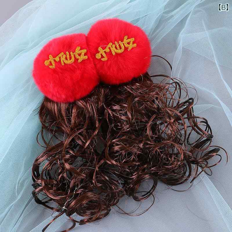 フロントップ楽天市場店のヘアクリップ キッズ 女の子 秋冬 髪飾り 髪留め ヘアアクセサリー リボン ウィッグ 付け毛 ポンポン エクステ 巻き毛 カール 和装 古風 レトロ 布製 かわいい 発表会 七五三 お正月 ピンク レッド ブルー｜アングル2