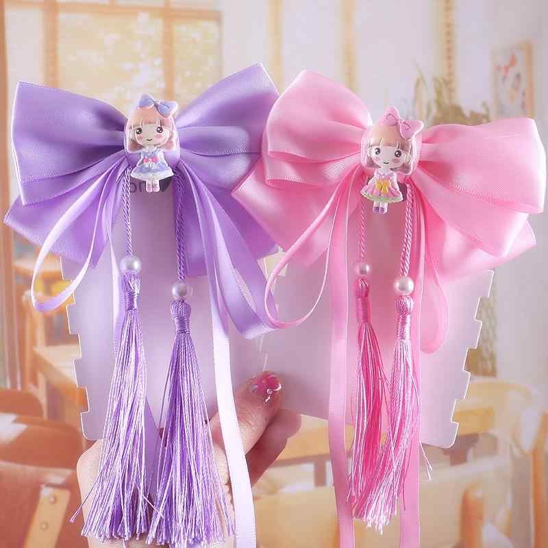 ヘアクリップ レディース 髪飾り リボン ロング タッセル フラワー 中華風 和装 着物 浴衣 卒業式 お呼ばれ パーティー 揺れる かわいい ハンドメイド 布製 ポニーテール ダッカール 赤 紫 青 春夏