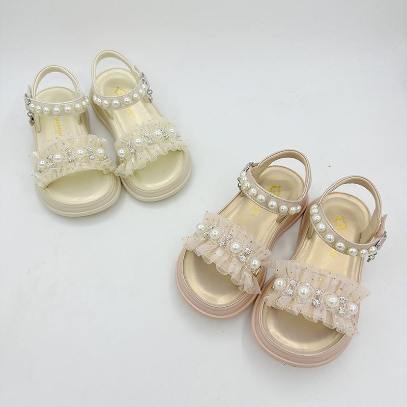 Formal Shoes - サンダル 女の子 6-12歳 春夏 滑り止め 屈曲性 柔らかい 面ファスナー 脱ぎ履きしやすい パール 蝶結び リボン レース プリンセス かわいい おしゃれ ベージュ ピンク 発表会 結婚式 お出かけ キッズシューズ