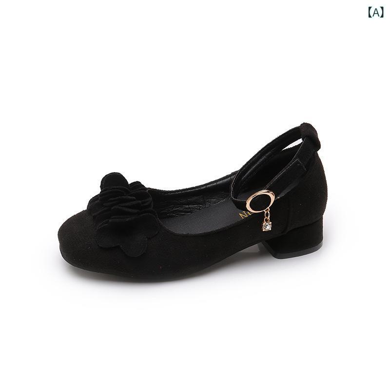 Formal Shoes - パンプス 女の子 キッズ 春秋 フォーマルシューズ レザーシューズ ブラック レッド 発表会 結婚式 卒業式 かわいい プリンセス 面ファスナー 刺繍 花飾り スエード調 厚底 ヒール 合成革 クッション 滑り止め