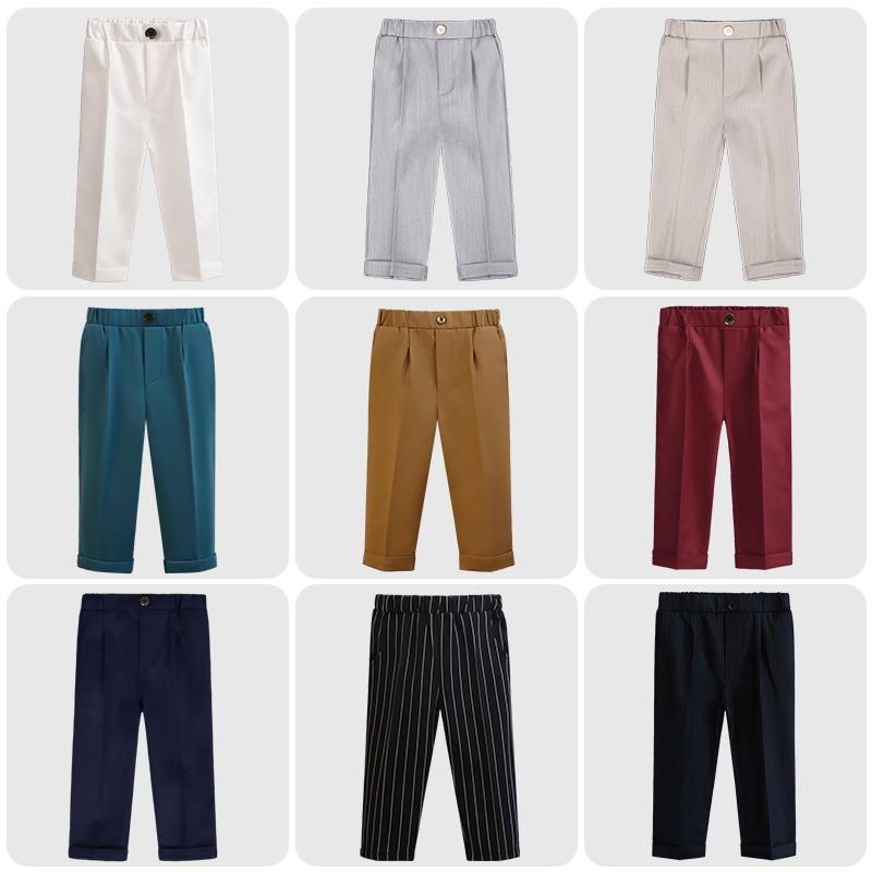 Top & Bottom Sets - スラックス キッズ 男の子 フォーマル ズボン 春夏 発表会 結婚式 入学式 子供服 ロングパンツ 無地 ストライプ チェック ウエストゴム ストレッチ 柔らかい ポリエステル 通学 制服 スクール 韓国 おしゃれ かっこいい ブラック ネイビー グレ