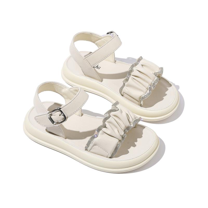 Formal Shoes - サンダル 男の子 女の子 キッズ ジュニア 6-12歳 春夏 ストラップ ソフトソール 滑り止め フリル レース 無地 エレガント 高級感 合成革 面ファスナー お出かけ 普段使い ピンク ベージュ ブラック かわいい