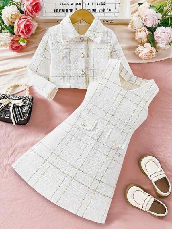 セットアップ 女の子 キッズ 子供服 ジャケット ジャンパースカート ワンピース 上下セット ツイード風 長袖 襟 ホワイト 白 ボーダー 縞模様 秋冬 フォーマル 高級感 上品 かわいい 発表会 七五三 結婚式 ポリエステル ジュニア
