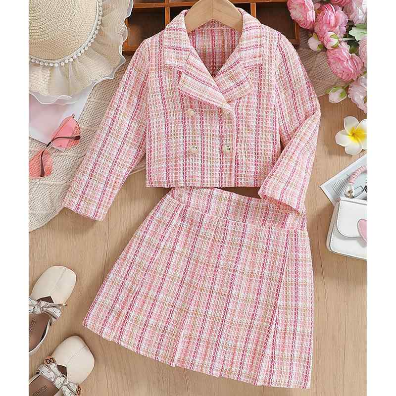 セットアップ 女の子 秋冬 ピンク ツイード チェック柄 ジャケット スカート 長袖 ダブルボタン ガーリー かわいい 清楚 フォーマル 入園式 卒園式 発表会 キッズ 子供服 裏地あり 柔らかい 上品 高級感 格子柄