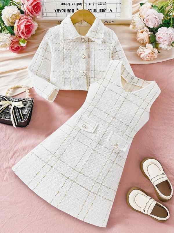 セットアップ 女の子 キッズ 子供服 ジャンパースカート ジャケット 長袖 襟 秋冬 欧米風 上品 エレガント 高級感 ワンピース 発表会 入学式 お出かけ 小学生 Aライン 膝丈 ポリエステル ブラック ホワイト