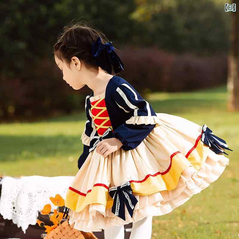 ワンピース キッズ 女の子 ロリィタ ドレス 子供服 裏起毛 厚手 秋冬 プリンセス Aライン フレア 発表会 結婚式 パーティー コットン 綿 リボン ネイビー 長袖 かわいい おしゃれ ふんわり チュチュスカート