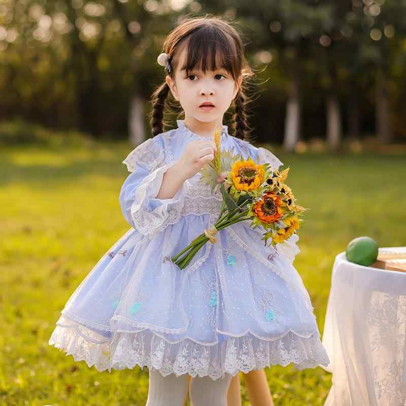 Rakuten - ワンピース 女の子 キッズ ベビー 春秋 長袖 綿 コットン レース チュール メッシュ プリンセス ロリータ風 ふんわり フリル ドレス 子供服 幼児用 73-120cm お出かけ 結婚式 発表会 かわいい ライトブルー