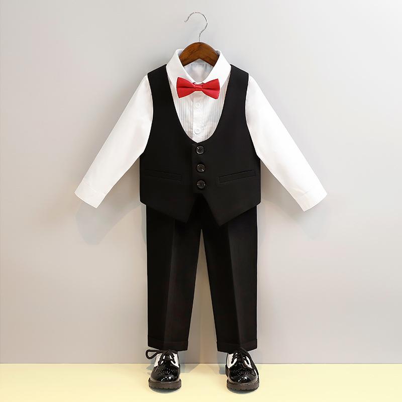 スーツ 男の子 キッズ 子供 ベビー セットアップ フォーマル ブリティッシュ 英国風 紳士 礼服 ジャケット ベスト ロングパンツ 発表会 結婚式 七五三 ブラック ブルー 秋冬 長袖 無地 ダブルボタン 混紡素材 高級感 おしゃれ