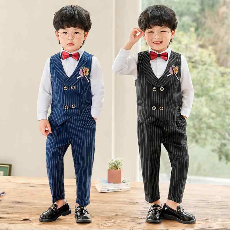 スーツ 男の子 春秋 セットアップ ブラック ネイビー ストライプ ベスト ロングパ...