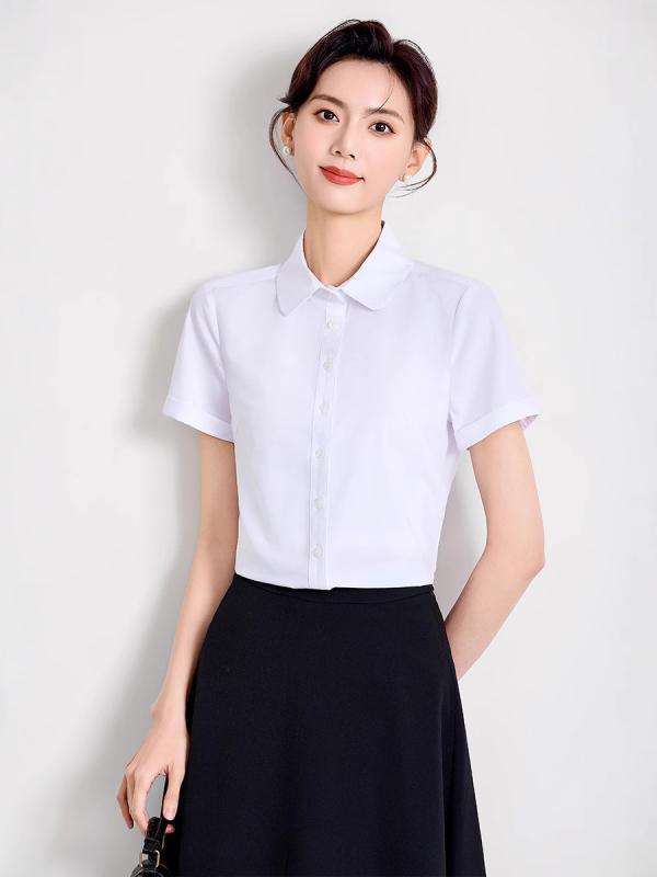 Rakuten - ブラウス レディース 半袖 春夏 丸襟 ホワイト ブルー シフォン 形態安定 シワになりにくい 事務服 通勤 面接 トップス 襟 無地 30代 高級感 快適 通気性 清潔感 エレガント きれいめ 上品 清楚