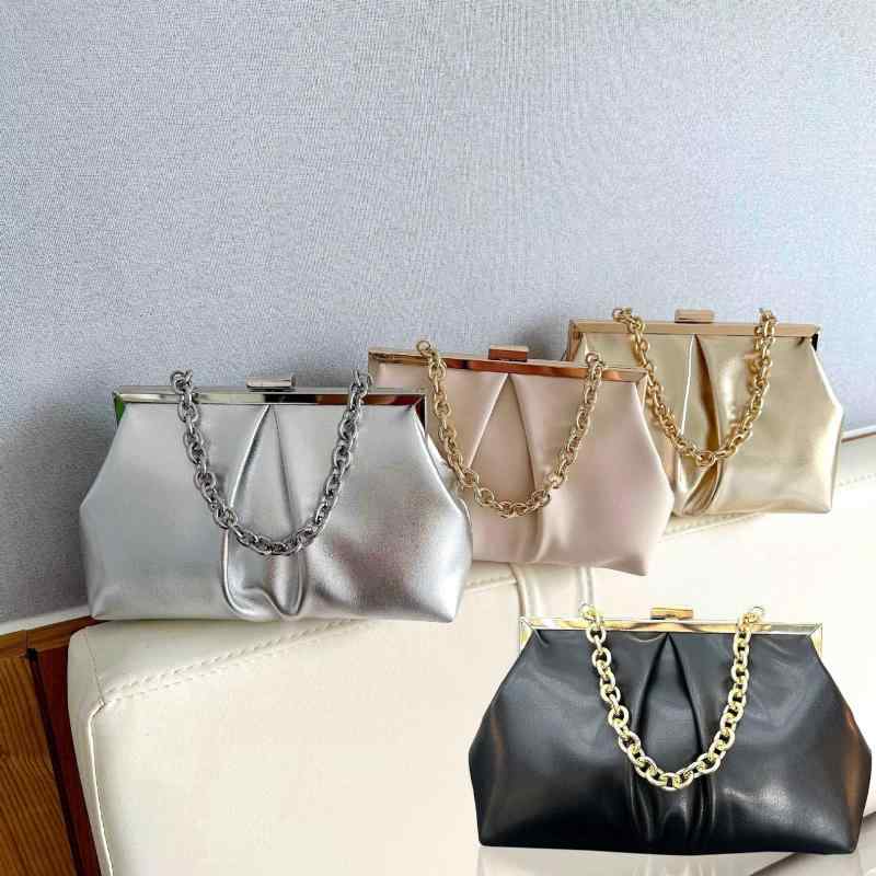 クラッチバッグ レディース ハンドバッグ パーティーバッグ 2way チェーン 鞄 切り替え チャイナドレス フォーマル 結婚式 披露宴 二次会 高級感 PUレザー 餃子型 ソフト 秋冬 ゴールド シルバー ブラック 上品 華やか