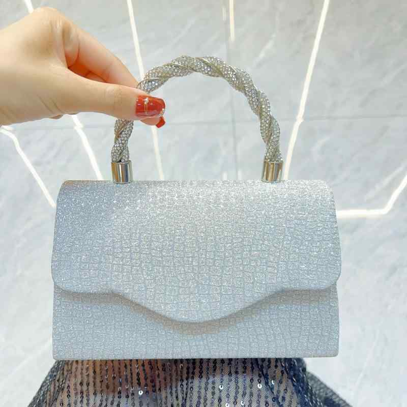 Party Bags - ハンドバッグ レディース ショルダー 斜めがけ 手提げ 鞄 カバン パーティー クラッチ ミニ スクエア キラキラ ビジュー ラインストーン シルバー 上品 高級感 華やか きれいめ 披露宴 結婚式 二次会 春夏 横型