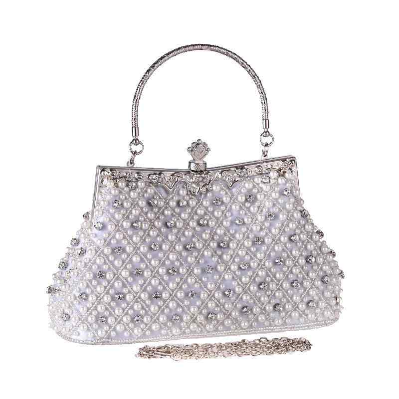 ハンドバッグ レディース 鞄 チャイナドレス用 中国風 刺繍 ビーズ パール シェル型 手提げ パーティー 披露宴 結婚式 華やか 上品 高級感 ポリエステル レトロ アンティーク オフホワイト ブラック シャンパン 春夏