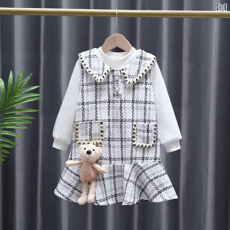 セットアップ ガールズ キッズ 子供服 ワンピース ジャンパースカート 長袖 ツイード調 チェック柄 秋冬 厚手 裏起毛 暖かい 防寒 上品 きれいめ 入園式 フォーマル プリンセス かわいい ブラック ホワイト コットン