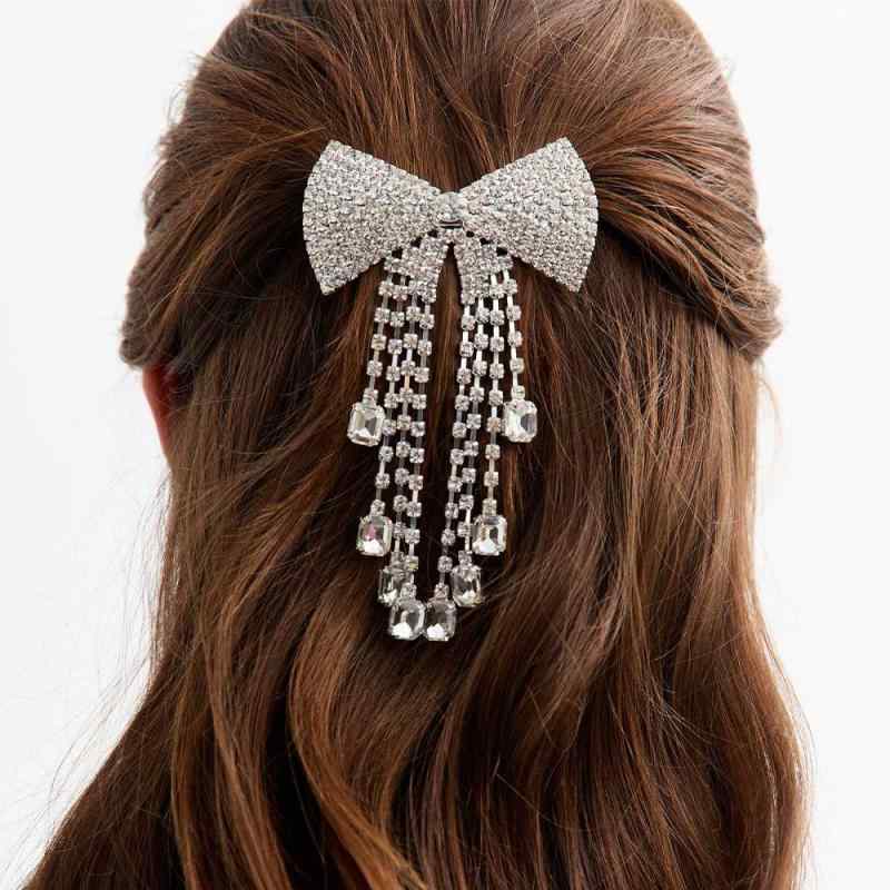 バレッタ レディース 髪飾り ヘアクリップ リボン 蝶結び タッセル ジルコニア ラインストーン 高級感 シルバー ゴールド 上品 秋冬 フェミニン 通勤 普段使い 結婚式 キラキラ 電気メッキ加工 ハーフアップ