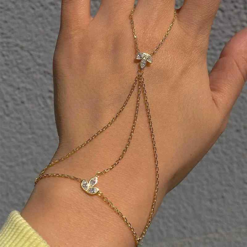 ブレスレット レディース リーフ 葉 リング フィンガー 腕輪 アクセサリー ジュエリー ジルコニア 電気メッキ加工 シルバー ゴールド 高級感 シンプル 大人 おしゃれ かわいい 春夏 普段使い 通勤 結婚式 華奢 パーティー