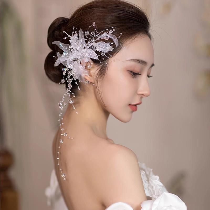 ヘアピン レディース 髪飾り ヘアアクセサリー ウェディング ブライダル 結婚式 披露宴 パーティー クリスタル ビーズ タッセル リーフ ボタニカル ハンドメイド 韓国 エレガント 高級感 ホワイト サイドクリップ