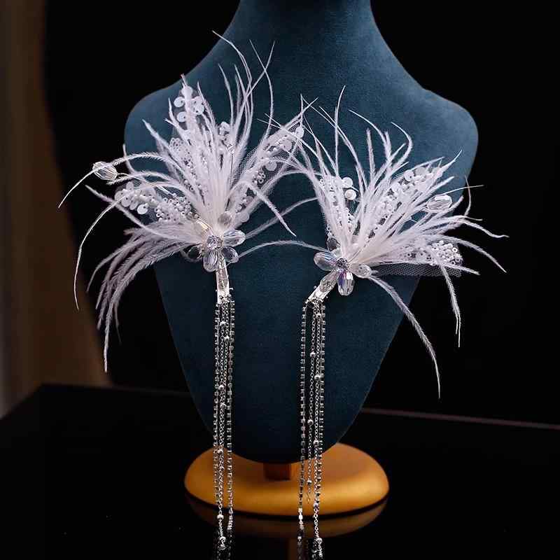 Hair Pin, Comb - ヘアピン レディース 羽 フェザー ヘッドドレス 髪飾り 蝶 クリスタル タッセル 韓国 ブライダル 結婚式 撮影用 白 ハンドメイド 上品 大人 かわいい 秋冬 ラインストーン 合金 華やか ビジュー ナチュラル