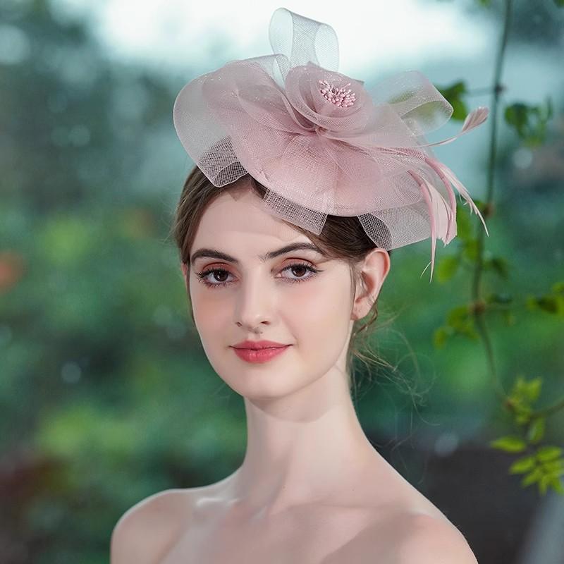 ヘッドドレス レディース トーク帽 カクテルハット 髪飾り フレンチ レトロ アンティーク チュール メッシュ フェザー 羽根 フラワー 花 高級感 結婚式 パーティー 撮影用 フォーマル 春夏 ピンク系