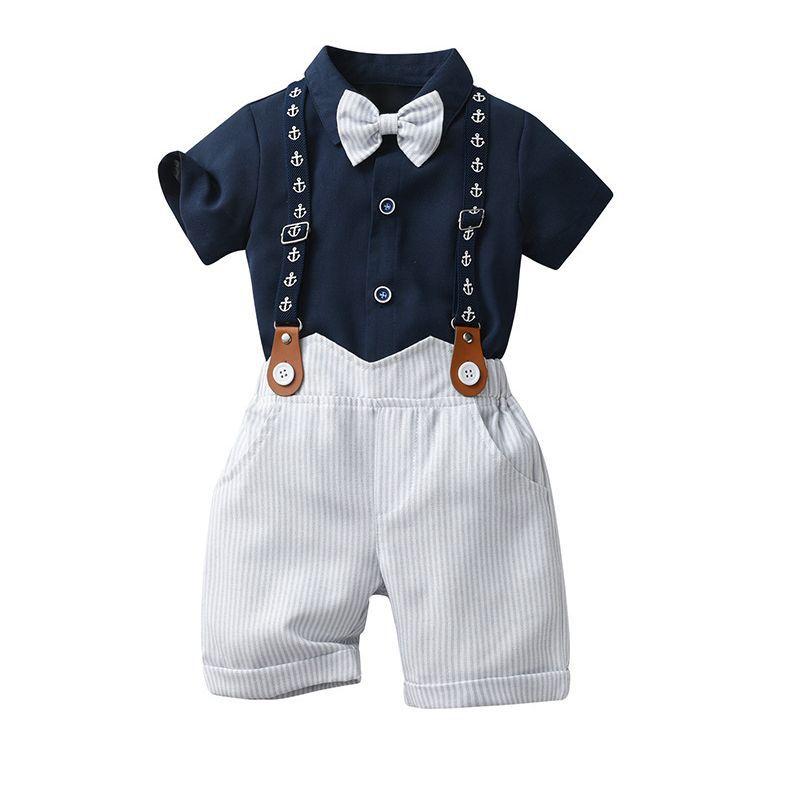 Suits, Tuxedos （Boys） - セットアップ ベビー 男の子 英国風 紳士 サスペンダー ズボン オーバーオール 短パン 半袖 シャツ ストライプ フォーマル 結婚式 発表会 七五三 綿素材 春夏 通気性 柔らかい 快適 おしゃれ かっこいい ボーイズ