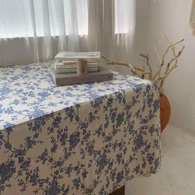 テーブルクロス レトロ ブルー 青 小花柄 綿麻 リネン コットン 長方形 テーブルマット マルチカバー ピクニック キャンプ 背景布 防塵 耐久性 高級感 かわいい アンティーク 北欧 ナチュラル おしゃれ
