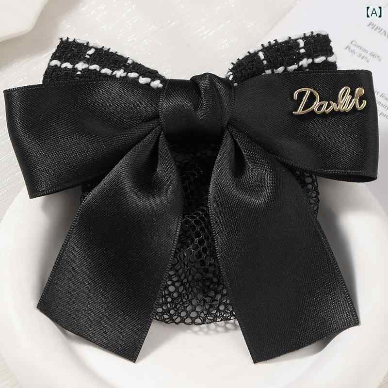 バレッタ レディース シニヨンネット お団子カバー 髪留め 飾り リボン クリップ 網 仕事用 接客 看護師 ツイード調 上品 エレガント 高級感 ハンドメイド ポリエステル ヘアアレンジ 秋冬 黒 紺 ネイビー