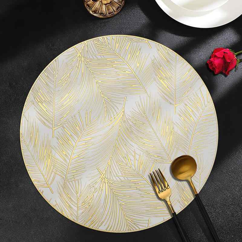 ランチョンマット プレースマット 花瓶敷き インテリアマット フェザー 羽根 不規則 PVC 撥水 防水 耐熱 丸洗い 高級感 ラグジュアリー エレガント モダン 北欧 キッチン ダイニング 金 銀 ローズゴールド 箔押し 38cm