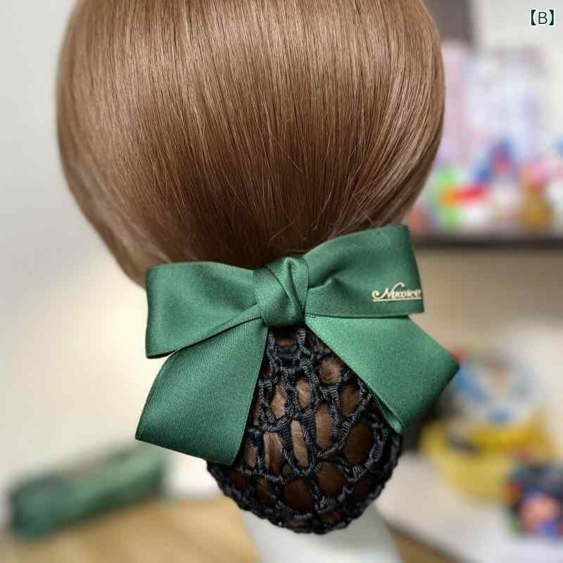 フロントップ楽天市場店のヘアネット付バレッタ レディース リボン 髪飾り お団子 シニヨン 仕事用 接客 冠婚葬祭 ブラック ネイビー ワインレッド ハンドメイド 布製 上品 フォーマル シンプル アップスタイル かわいい 清楚 春夏｜アングル2