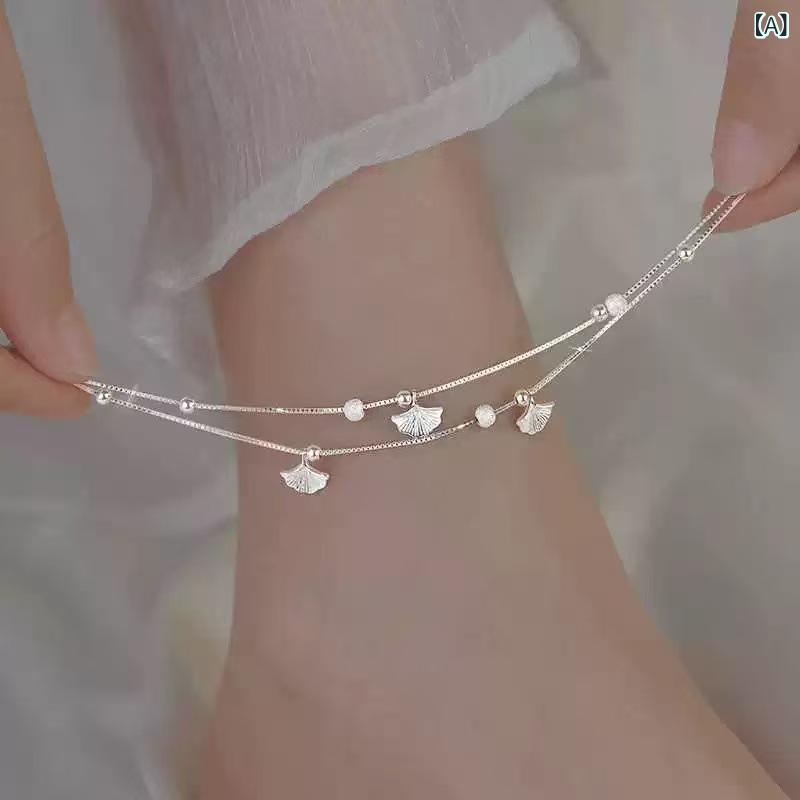 フロントップ楽天市場店のアンクレット レディース シルバー 華奢 細身 シンプル 高級感 大人かわいい イチョウ モチーフ 幸運 ラッキーアイテム アクセサリー 足首 ジュエリー 上品 普段使い 結婚式 旅行 春夏 秋冬 足飾り 小ぶり エレガント｜アングル2