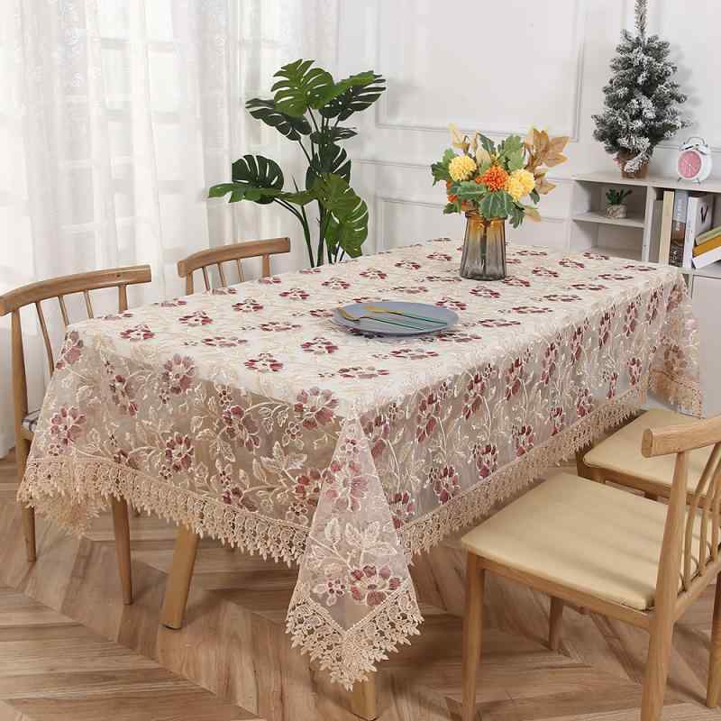 テーブルクロス レース 刺繍 高級感 長方形 スクエア リビング 麻雀卓 インテリア おしゃれ かわいい 花柄 ボタニカル ポリエステル 滑り止め 防塵 装飾 ローズ コーヒー レッド 100-150cm