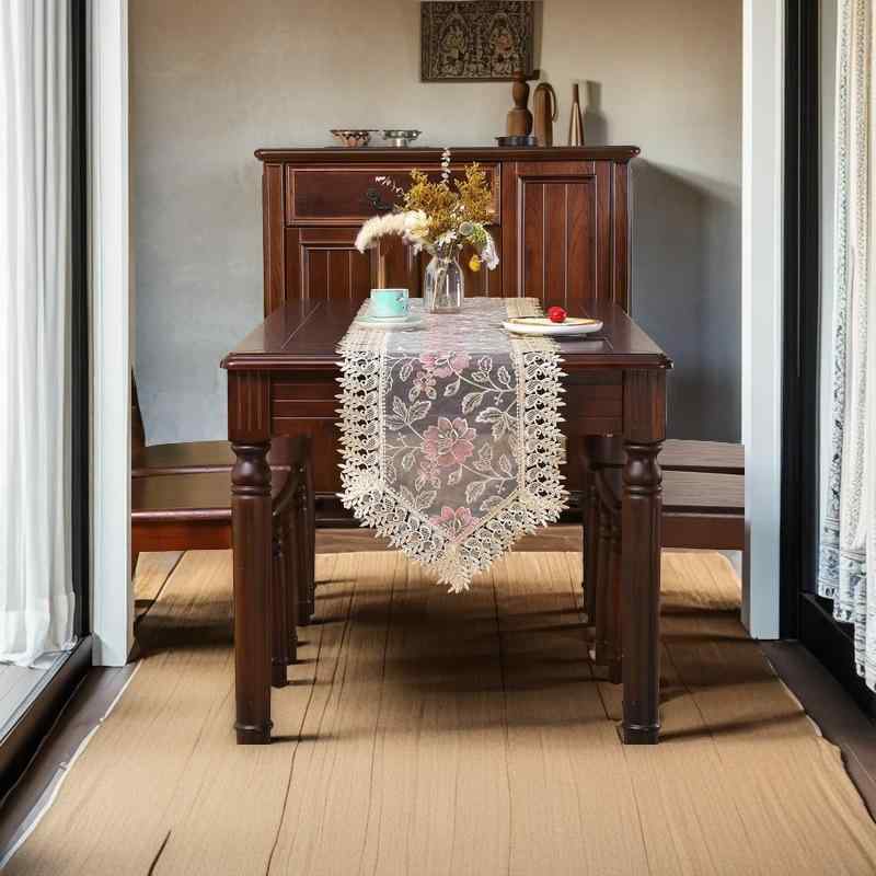 テーブルランナー テーブルセンター 高級感 レース 刺繍 アンティーク調 アメリカンスタイル シアー 透け感 布製 花柄 薔薇 ローズ ダイニング リビング テレビ台 コーヒー ピンク ポリエステル おしゃれ モダン