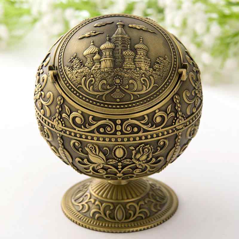 Interior Accessories - 灰皿 蓋 地球儀型 レトロ アンティーク調 おしゃれ 置物 オブジェ インテリア リビング 卓上 自宅 金属製 合金 ヨーロピアン 雑貨 球体 喫煙具 アッシュトレイ 飾り 錫 ブロンズ カッパー 高級感 クラシック
