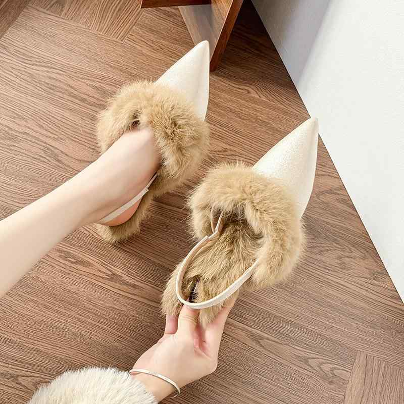 パンプス レディース 秋冬 ファー ポインテッドトゥ 裏起毛 ピンヒール ハイヒール ミュール 暖かい 外..