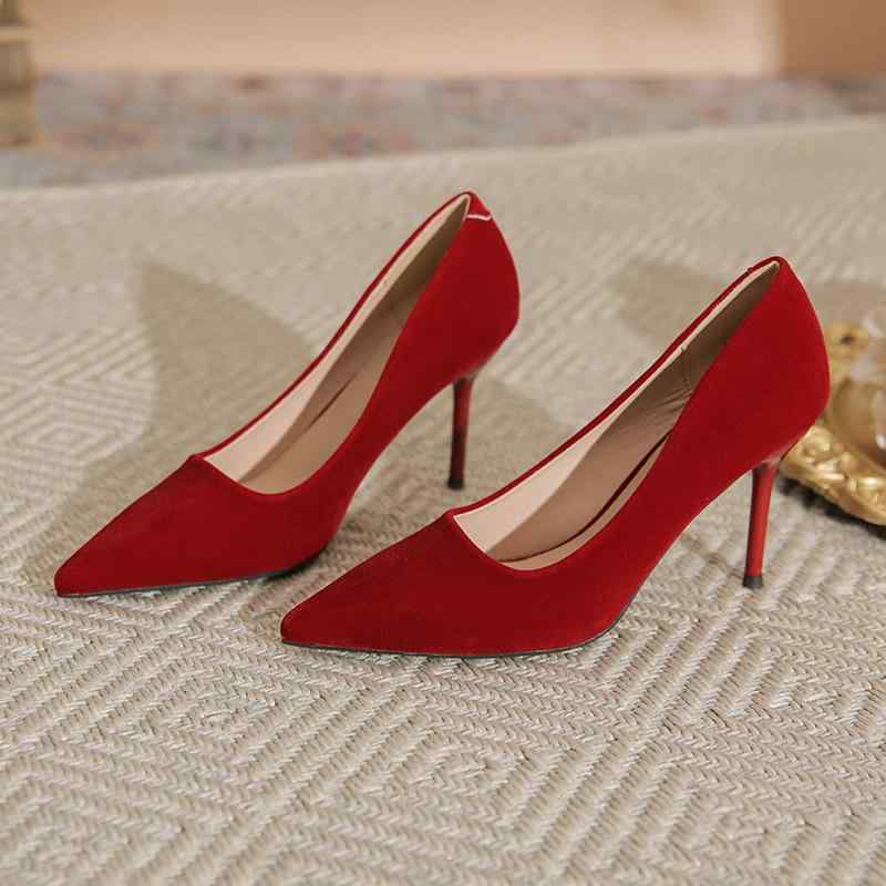 Women'S Shoes - パンプス レディース ポインテッドトゥ ピンヒール パール サテン 浅め エレガント 上品 結婚式 披露宴 二次会 美脚 疲れにくい 歩きやすい フォーマル アプリコット レッド 春夏 高級感 オフィス