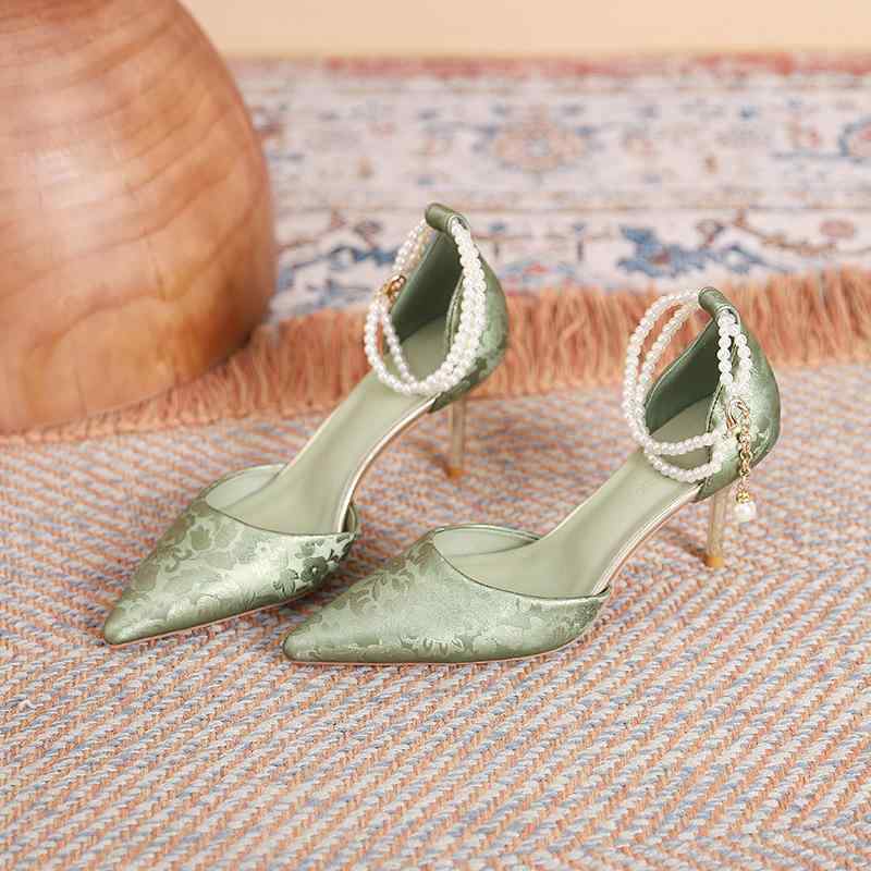 Women'S Shoes - ハイヒール レディース パンプス ポインテッドトゥ ピンヒール ヒール 中華風 刺繍 パールチェーン チャイナ風 ストラップ カットアウト 履きやすい 通勤 結婚式 パーティー 高級感 アイボリー