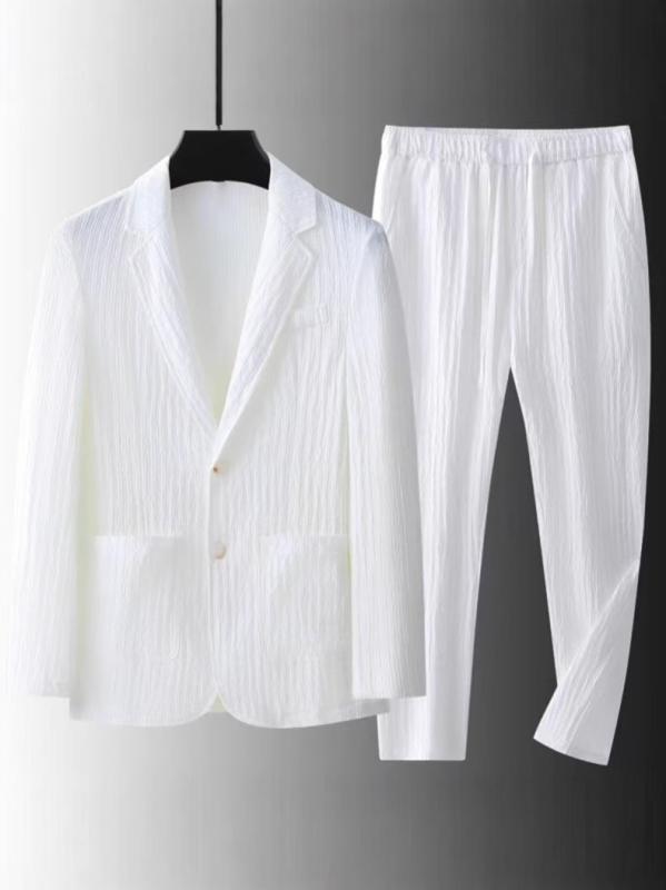 セットアップ テーラードジャケット メンズ 男性用 紳士服 カジュアル ビジネス 通勤 綿 コットン 麻混 リネン風 再生繊維 軽量 薄手 通気性 快適 高級感 ゆるめ ビッグシルエット 大きいサイズ ダブル 無地 ホワイト ブラック 春夏