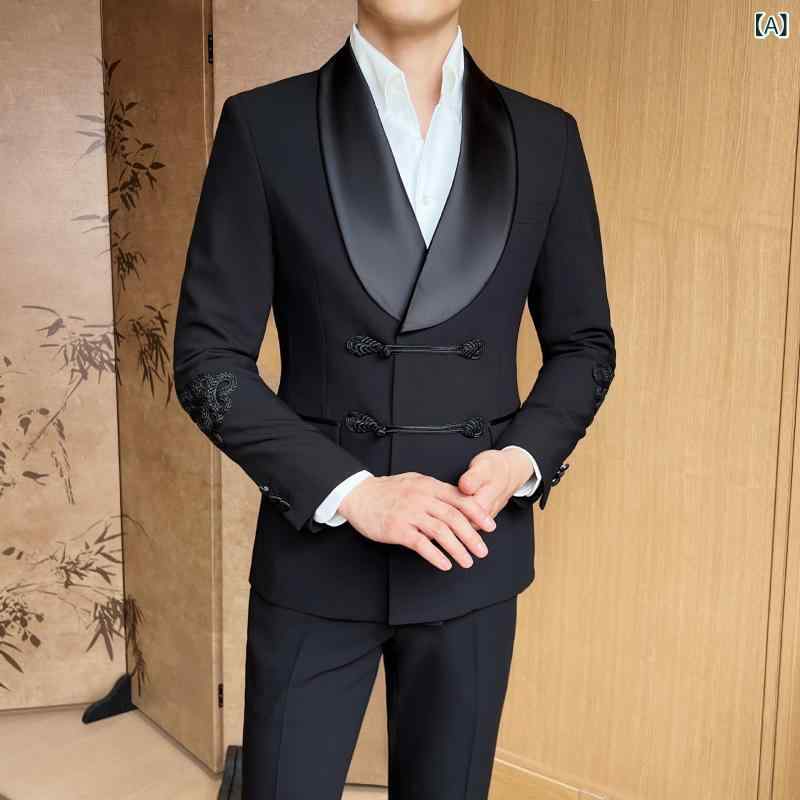 乐天商城 - セットアップ メンズ 男性用 チャイナ風 高級感 フォーマル 礼服 スーツ 結婚式 パーティー 披露宴 チャイナボタン スタンドカラー マオカラー ブラック 黒 コットン 綿混 紳士服 上下セット 秋冬 無地 長袖 立ち襟 通気性 吸湿性 スリム