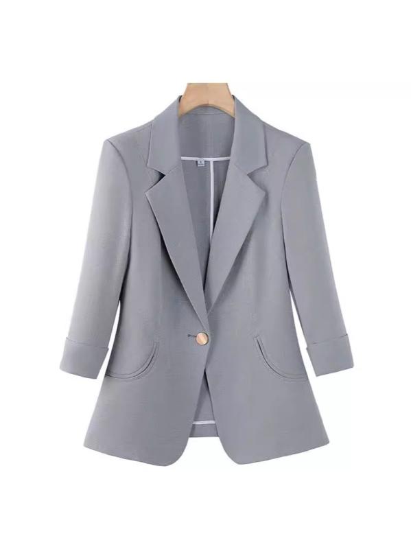 Jumper, Blouson - テーラードジャケット レディース 事務服 通勤 オフィスカジュアル 春夏 七分袖 Vネック シングルボタン 襟 薄手 軽量 ポリエステル 無地 エレガント 上品 高級感 スリム タイト ホワイト ブラック ピンク