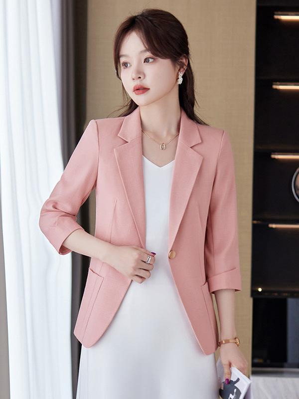 Women's Clothing - テーラードジャケット レディース 七分袖 春夏 薄手 通勤 1ボタン きれいめ 上品 高級感 おしゃれ カジュアル 黒 白 ピンク オフィス 事務服 軽量 涼しい ポリエステル スリム 着回し