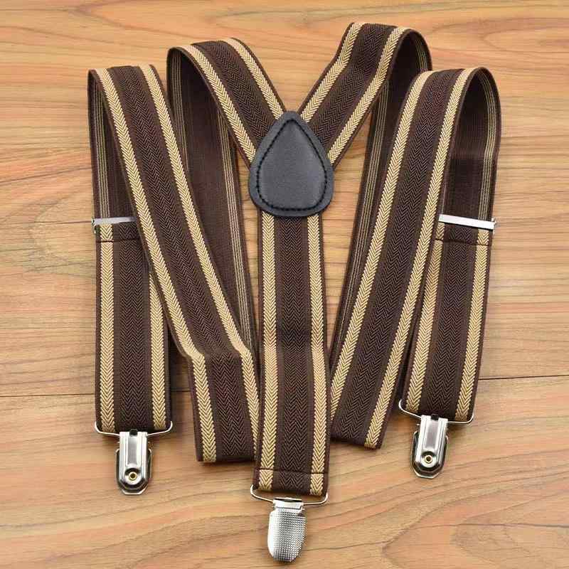 サスペンダー メンズ レディース ズボン吊り ブレイシーズ 3.5cm幅 100cm 3クリップ Y型 ジャガード ストライプ柄 ブラウン コーヒー 伸縮性 サイズ調整 ビジネス フォーマル カジュアル 吊りバンド ゴム