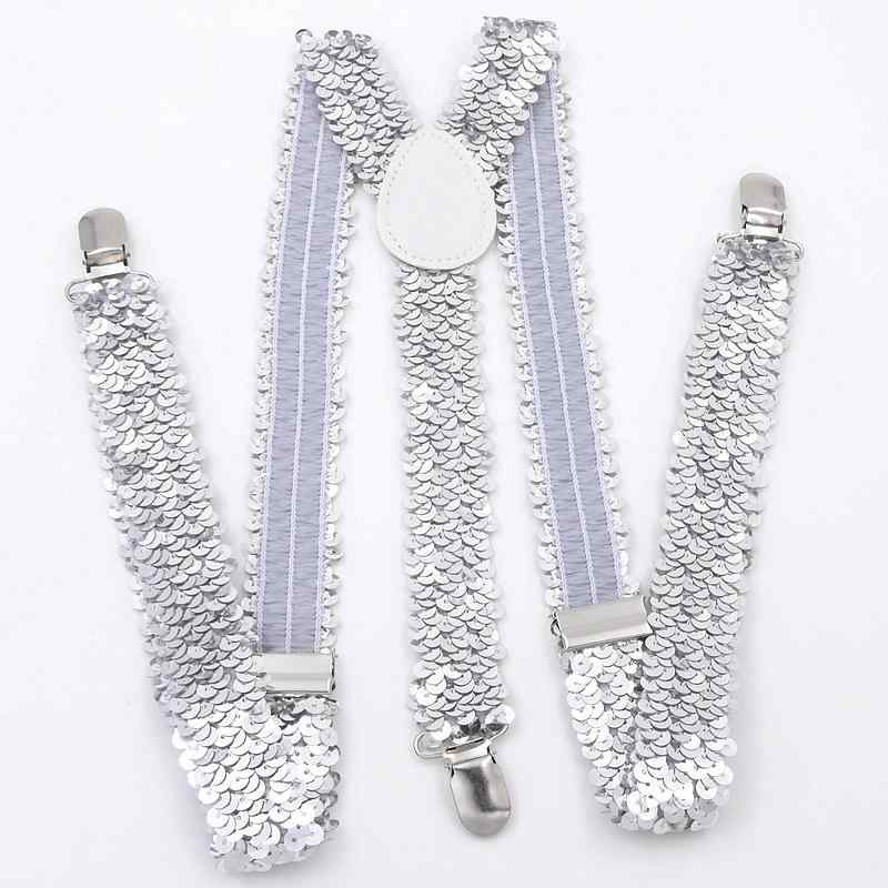 サスペンダー メンズ レディース スパンコール ズボン吊り パンツストラップ ステージ ダンス パーティー キラキラ 華やか 衣装 シルバー ゴールド 3クリップ Y型 調節可能 伸縮性 2.5cm幅 コスチューム 吊りバンド アクセサリー