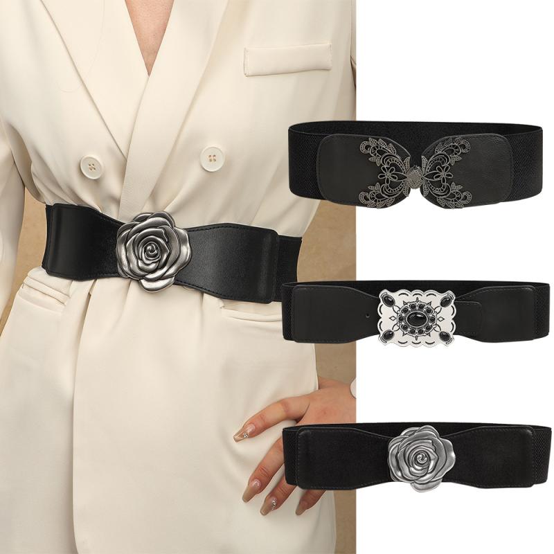 ベルト レディース サッシュ コルセット ワイド 幅広 ピンバックル 花 バラ ローズ ウエストマーク PUレザー 合成革 細見え 体型カバー くびれ 電気メッキ加工 ワンピース用 通勤 フォーマル 春夏 レトロ エレガント 上品 高級感 黒