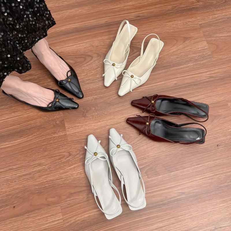 パンプス レディース ポインテッドトゥ リボン ピンヒール バックストラップ 高級感 フレンチスタイル 歩きやすい 婦人靴 シューズ 通勤 オフィス 結婚式 ブラック グレー レッド 春夏