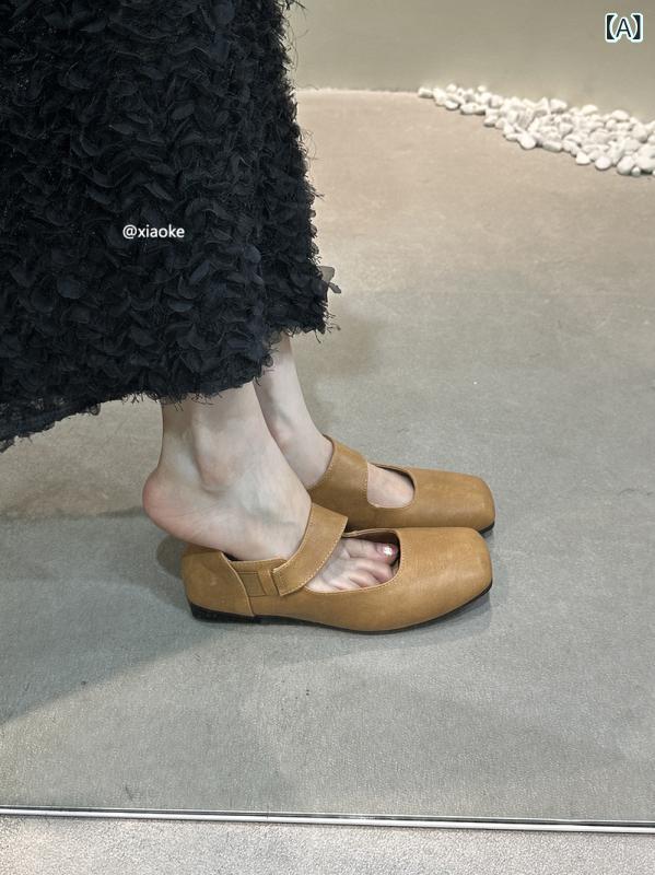 Women'S Shoes - メリージェーン レディース パンプス フラットシューズ スクエアトゥ ストラップ ぺたんこ 歩きやすい ローヒール レトロ 大人 かわいい フェミニン 通勤 オフィス 合成革 春夏秋 ブラック カーキ
