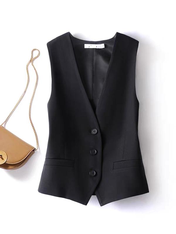 ベスト レディース ジレ チョッキ アウター スーツ 通勤 オフィス ビジネス Vネック 前開き ボタン シングル ノースリーブ スリム フィット 高級感 きれいめ 無地 ポリエステル 伸縮性 軽量 防シワ ブラック 黒 秋冬