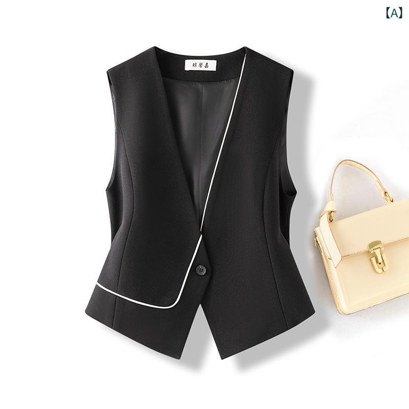 ベスト レディース ジレ チョッキ オールドマネー風 春秋 Vネック トップス 高級感 スリム ショート丈 重ね着 レイヤード 通勤 オフィス きれいめ 上品 エレガント 黒 ブラック バイカラー 前開き ボタン 30代 事務服