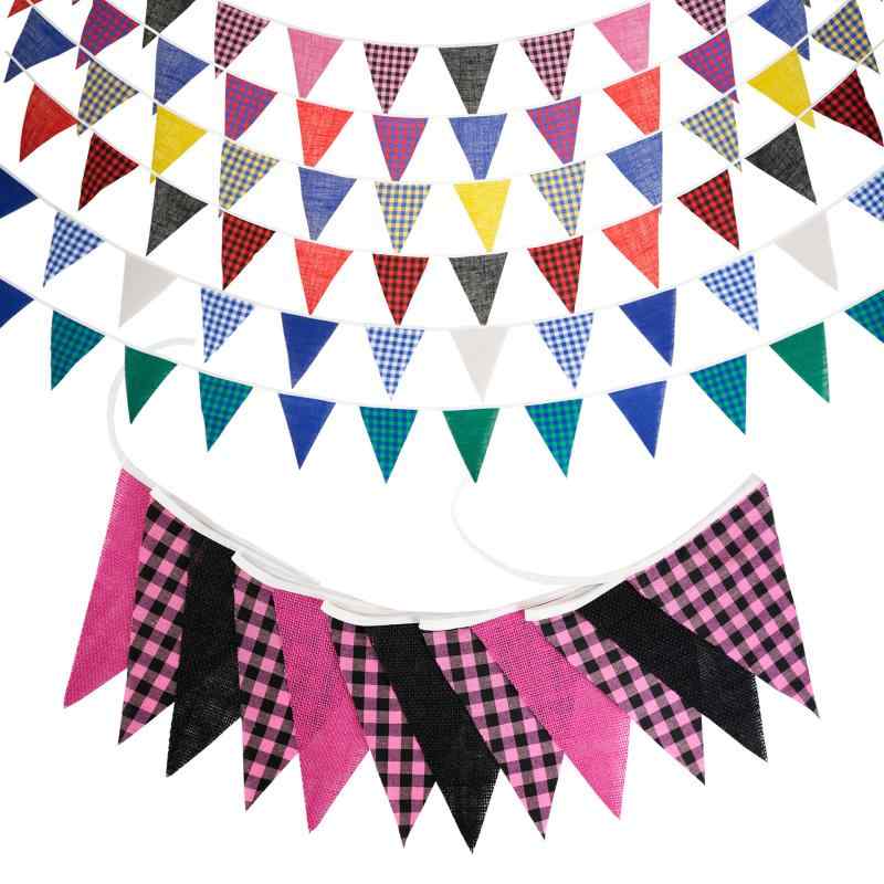 ガーランド 三角旗 バナー 旗 飾り リネン 亜麻 麻布 チェック柄 リバーシブル 両面 縁取り ハンドメイ..