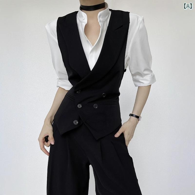 ベスト メンズ レディース ジレ チョッキ ビジネス フォーマル 通勤 テーラードカラー 襟 高級感 前開き スリム 無地 英国風 事務服 オールシーズン オールシーズン ポリエステル 形態安定 シワになりにくい 重ね着 レイヤード ブラック ホワイト