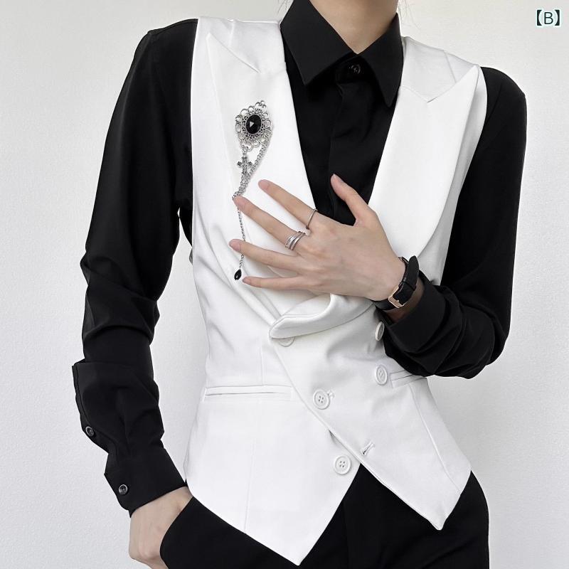 ベスト メンズ レディース ジレ チョッキ ビジネス フォーマル 通勤 テーラードカラー 襟 高級感 前開き スリム 無地 英国風 事務服 オールシーズン オールシーズン ポリエステル 形態安定 シワになりにくい 重ね着 レイヤード ブラック ホワイト